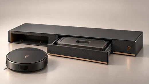 Only the middle drawer slides out, carrying the dust bin; the robot bay and the end block stay fixed