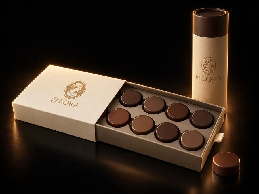 A cream sliding box with eight chocolates and a sand colored tube, both marked with the E'LORA logo
