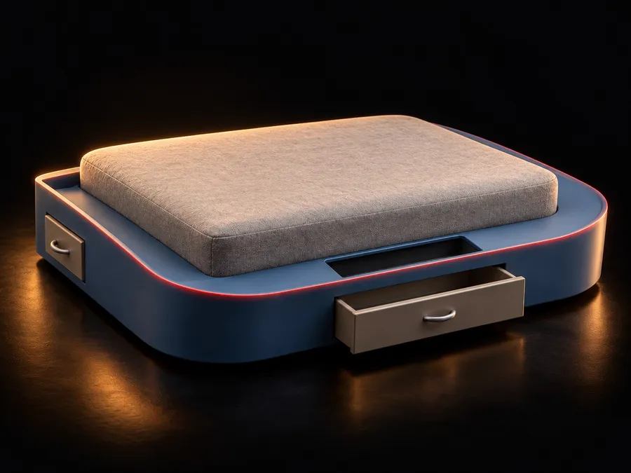 A dog sleeping on a low blue grey bed with a grey cushion, a front drawer and side drawers