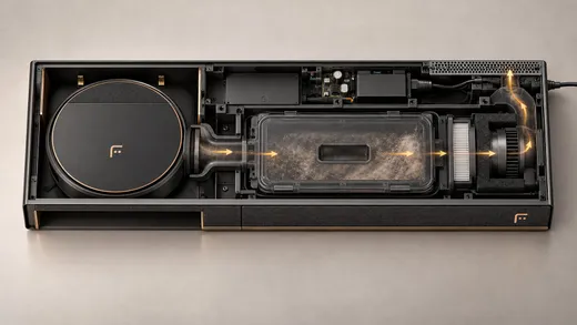 Top view with the lid removed: robot bay, duct, dust bin, filter and fan