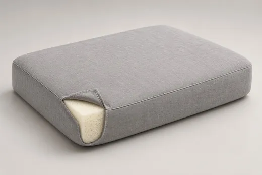 The cushion alone: sponge wrapped in grey fabric, one corner folded back
