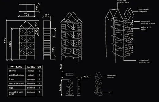 Technical drawings of the bookcase with part list